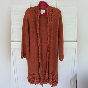 VTG Crochet Long Brown Open Front Long Sweater S Boho Hippie Granny Cottagecore